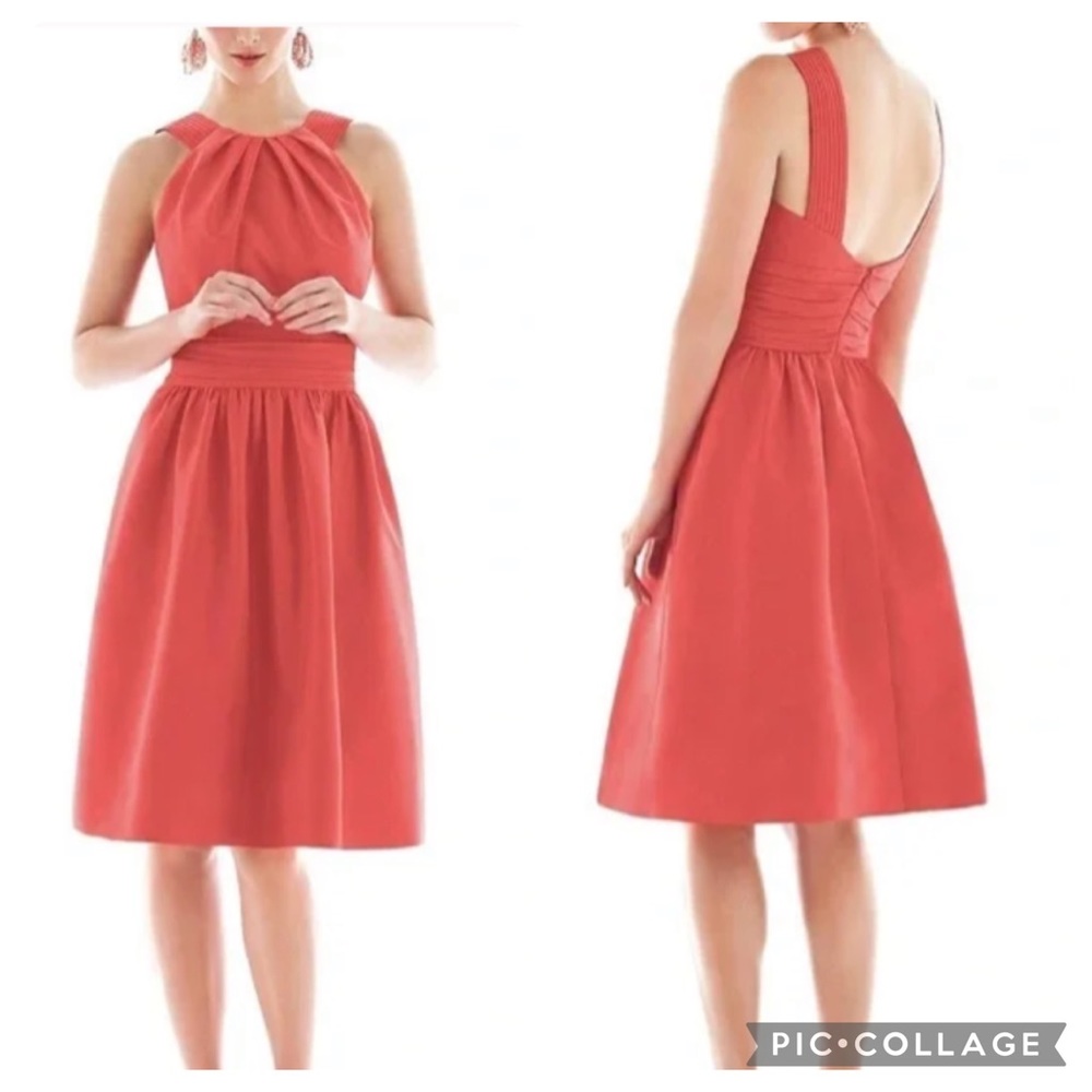Alfred Sung Cocktail Party Dress Open Back  Firecracker Coral Satin Size 6